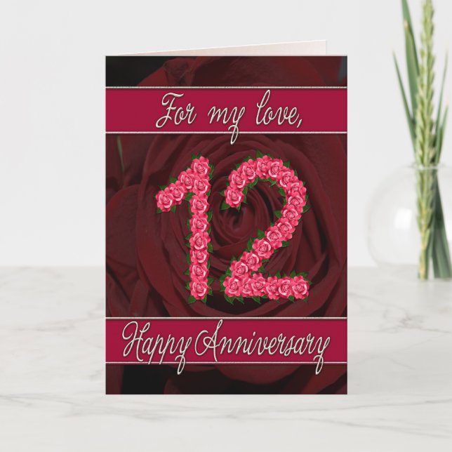 carte d'anniversaire de 12 ans avec roses et feuil (Devant)