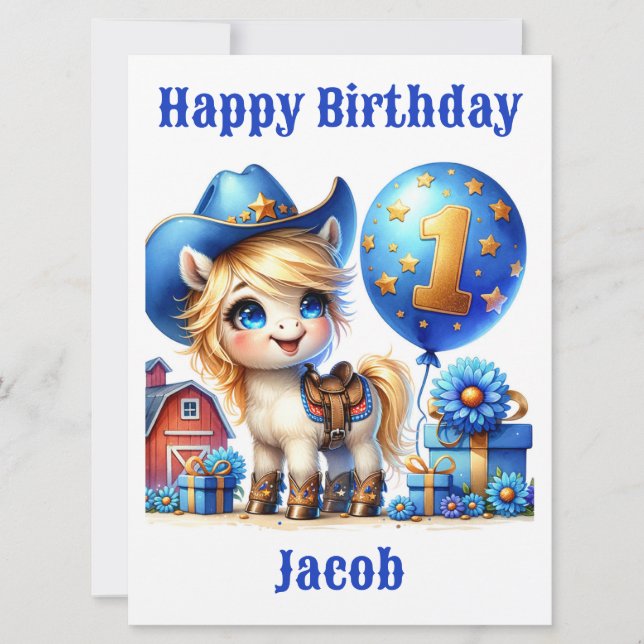 Carte d'anniversaire de 1 an de Cowboy Pony (Devant)