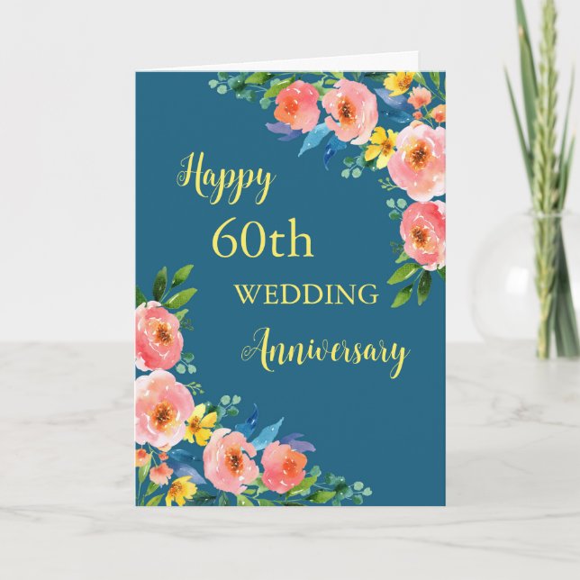 Carte d'anniversaire de 60e Mariage Watercolor Flo (Devant)