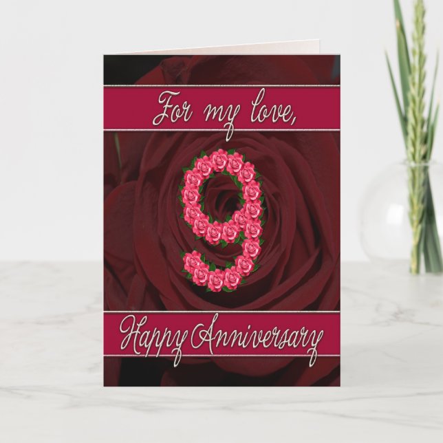 Carte d'anniversaire de 9 ans avec roses et feuill (Devant)