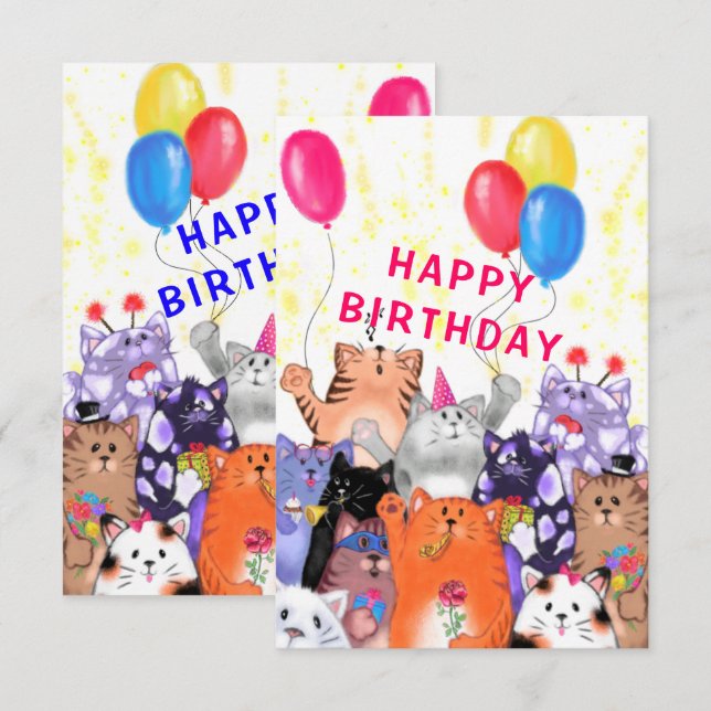 Carte d'anniversaire de bébé avec fête de chats he (Devant / Derrière)