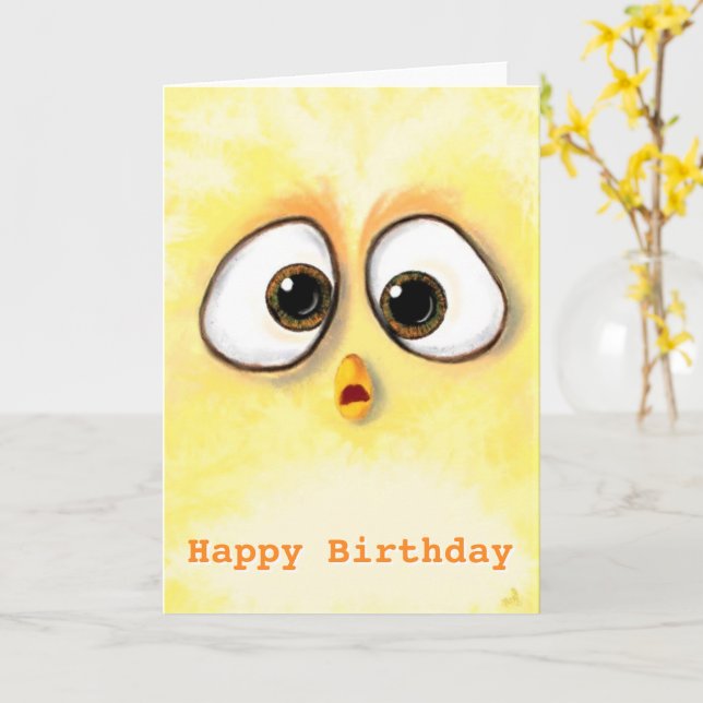 Carte d'anniversaire de bébé poulet aux grands yeu (Fleur jaune)