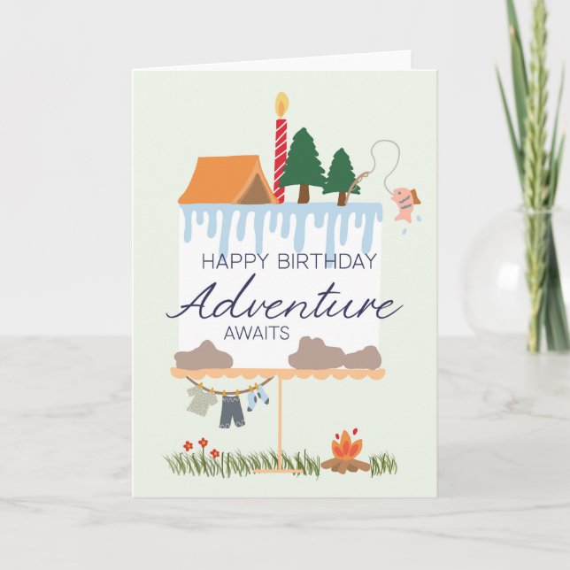 Carte d'anniversaire de camping : L'aventure atten (Devant)