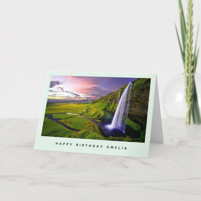 Carte d'anniversaire de cascade islandaise verte n (Devant)