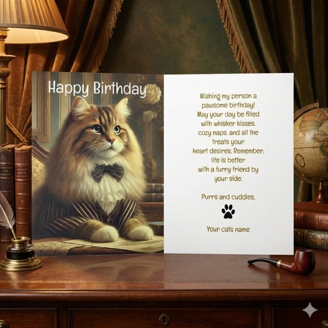 Carte d'anniversaire de chat bien habillé (Whimsical cat birthday card with charming feline art and a sweet message for pet lovers.)