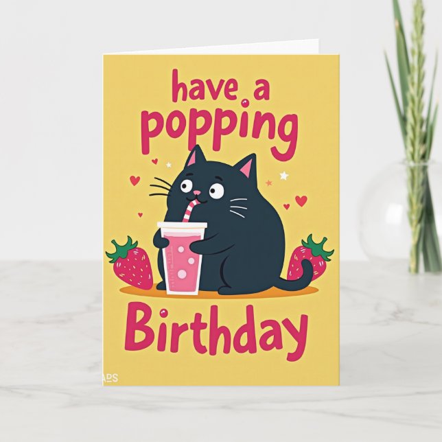 Carte d'anniversaire de chat boisson rose (Devant)