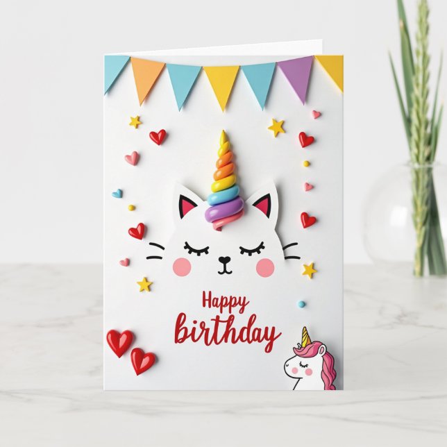 Carte d'anniversaire de chat licorne arc-en-ciel (Devant)