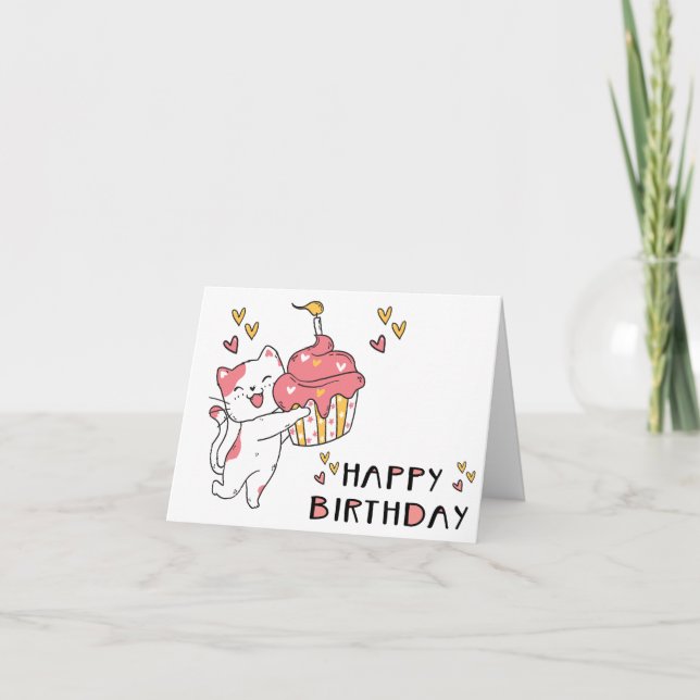 Carte d'anniversaire de chat mignon Kawaii avec cu (Devant)