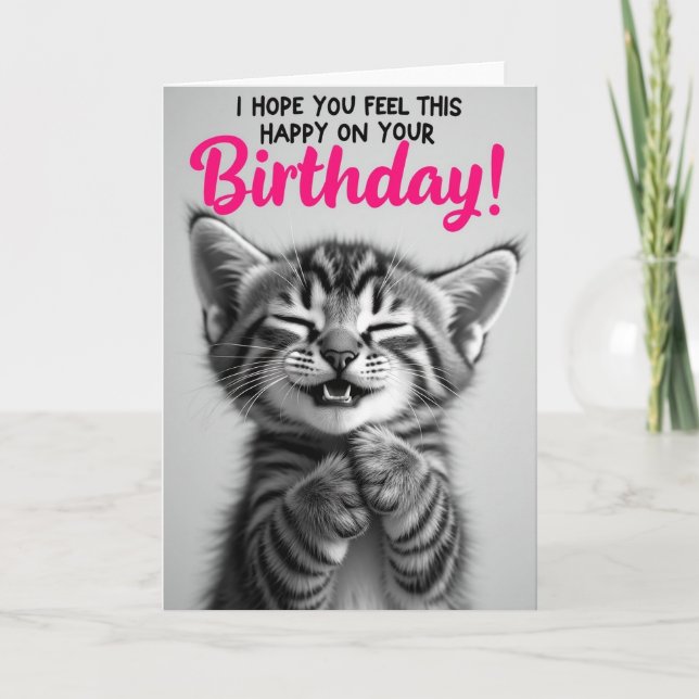 Carte d'anniversaire de chat rayé en nuances de gr (Devant)