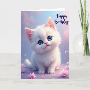 Carte d'anniversaire de chaton blanc joyeux