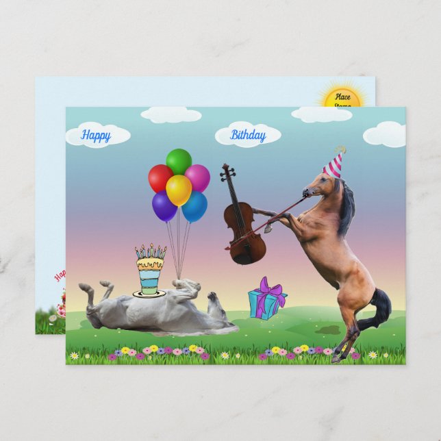Carte d'anniversaire de cheval jouant du violon (Devant / Derrière)