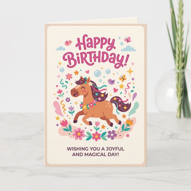 Carte d'anniversaire de cheval mignon pour filles  (Devant)