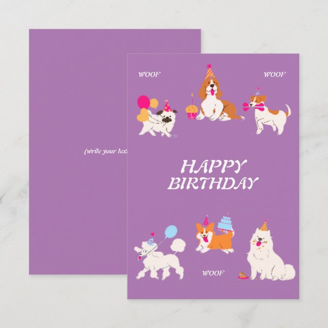 Carte d'anniversaire de chien Illustrator violet c (Devant / Derrière)
