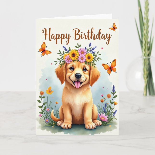 Carte d'anniversaire de chiot couronne (Devant)