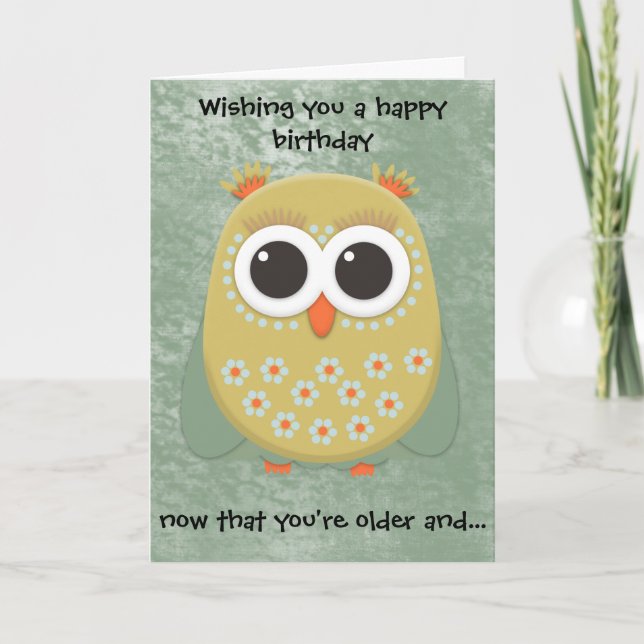 Carte d'anniversaire de chouette jaune orange vert (Devant)
