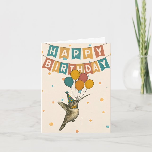 Carte d'anniversaire de colibri - Flying Party Bir (Devant)