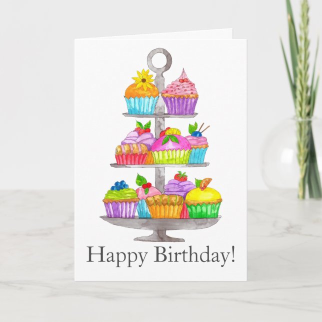 Carte d'anniversaire de cupcakes Watercolor (Devant)