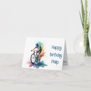 Carte d'anniversaire de cycliste MTB turquoise et 