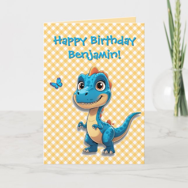 Carte d'anniversaire de dinosaure bleu mignonne po (Devant)