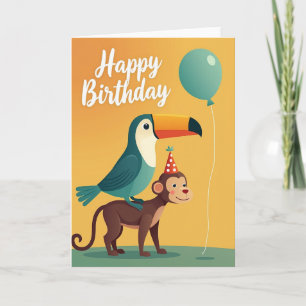 Carte d'anniversaire de fête de l'oiseau singe