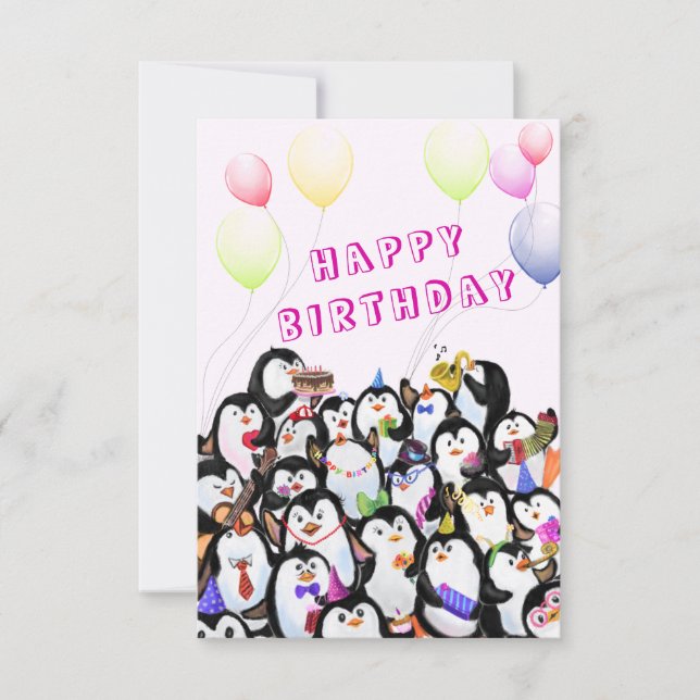 Carte d'anniversaire de fête de manchot joyeux - P (Devant)