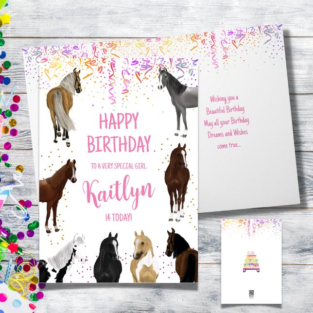 Carte d'anniversaire de fille aux chevaux avec nom (Horse Lover Birthday Card with Name and Age, many horses different colors)