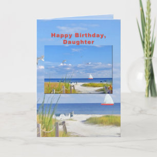 Carte d'anniversaire, de fille, de plage et de vue