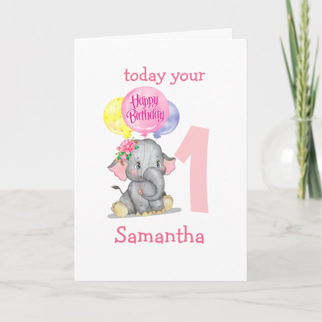 carte d'anniversaire de fille d'éléphant mignonne (Devant)
