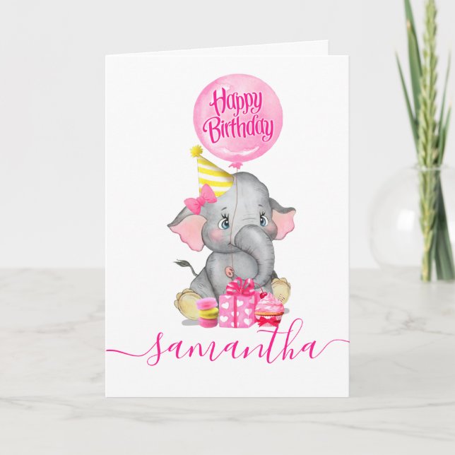 carte d'anniversaire de fille d'éléphant mignonne (Devant)