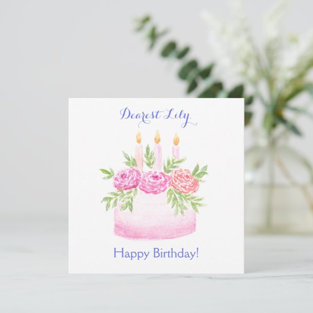 Carte d'anniversaire de gâteau floral à l'aquarell (Debout devant)