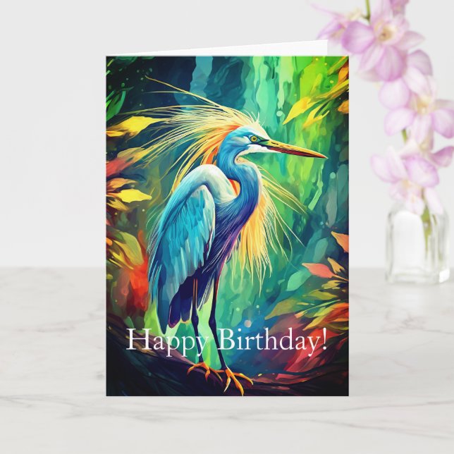 Carte d'anniversaire de Heron brillant, 4" x 5,6"  (Orchidée)