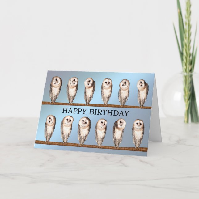 Carte d'anniversaire de hibou curieux. (Devant)