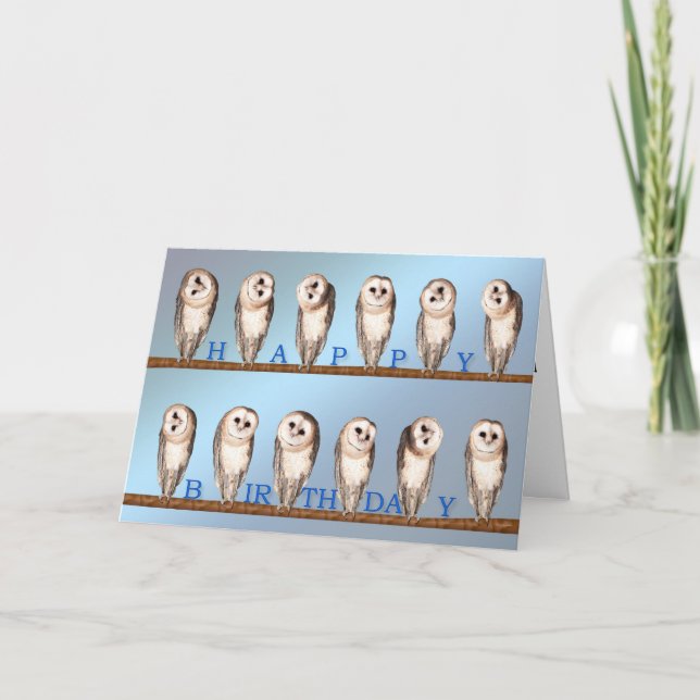 Carte d'anniversaire de hibou curieux. (Devant)