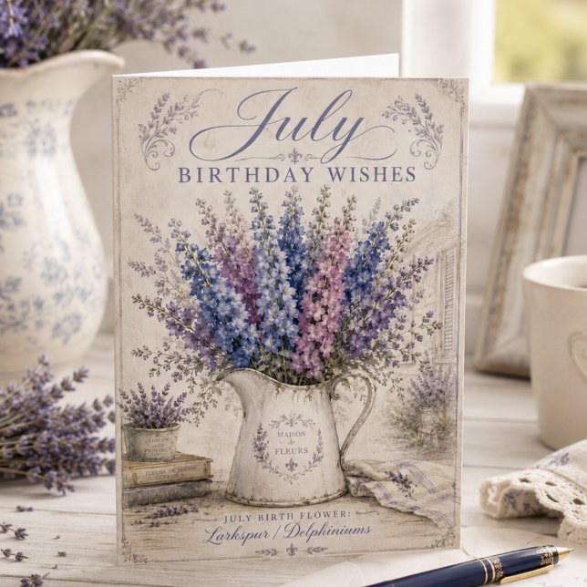 Carte d'anniversaire de juillet Delphiniums fleur  (Créateur téléchargé)