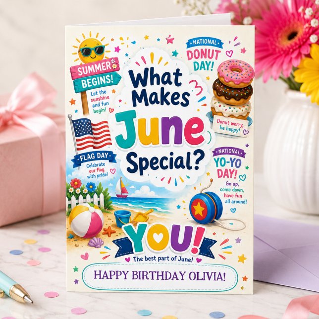 Carte d'anniversaire de juin pour filles Nom perso (Créateur téléchargé)
