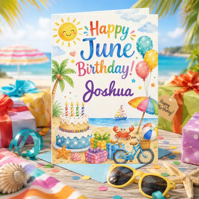 Carte d'anniversaire de juin pour garçons plage ét (Créateur téléchargé)