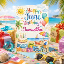 Carte d'anniversaire de juin pour les filles Plage