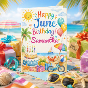 Carte d'anniversaire de juin pour les filles Plage