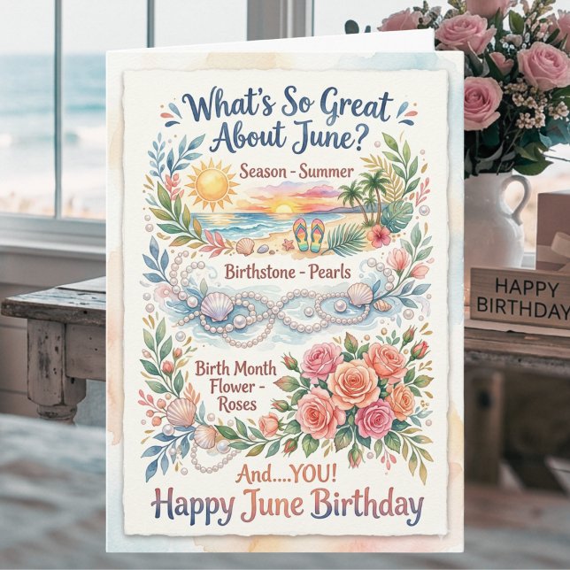 Carte d'anniversaire de juin Roses Perles Côtière  (Créateur téléchargé)