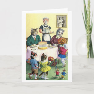 Carte d'anniversaire de la famille vintage de chat