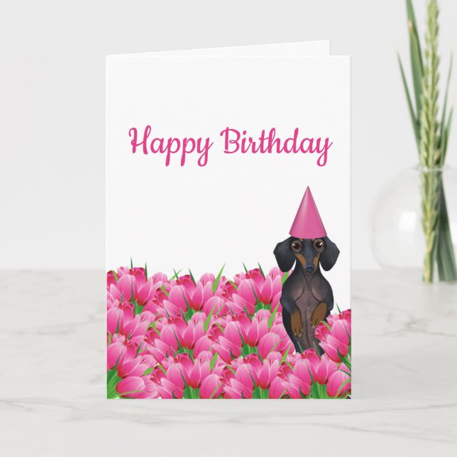 Carte d'anniversaire de la Tulipe rose Dachshund (Devant)