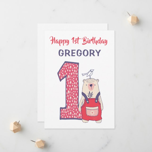 Carte d'anniversaire de l'ours mignon avec nom (Devant/Arrière en situation)