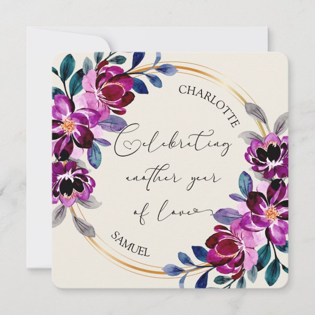 Carte d'anniversaire de mariage Fleurs rose violet (Devant)