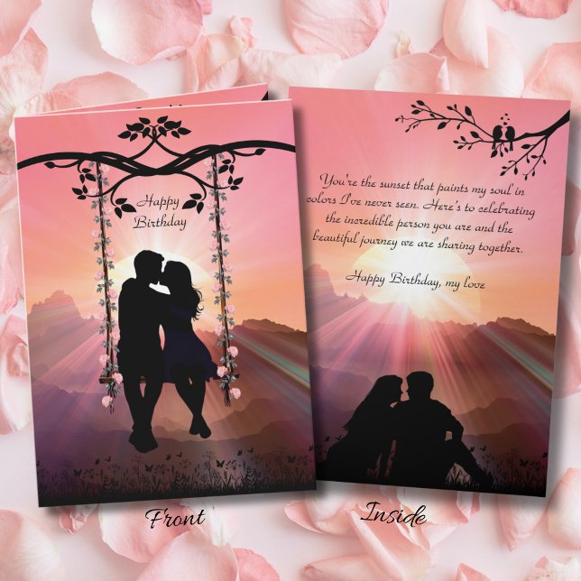 Carte d'anniversaire de mariage Romantique Silhoue (Celebrate your soulmate with this romantic sunset silhouette birthday card.)
