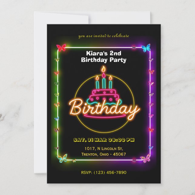 Carte d'anniversaire de néon papillon avec gâteau  (Devant)