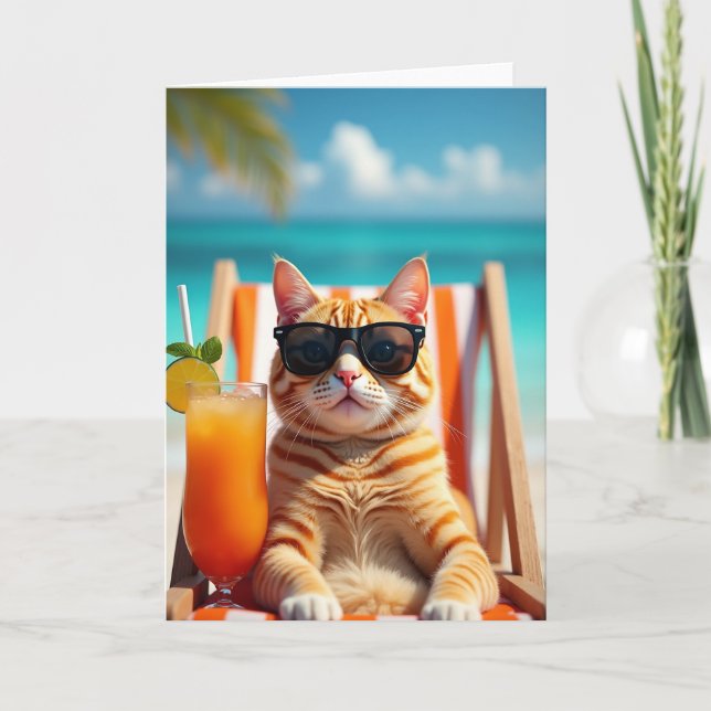 Carte d'anniversaire de plage au chat roux (Devant)