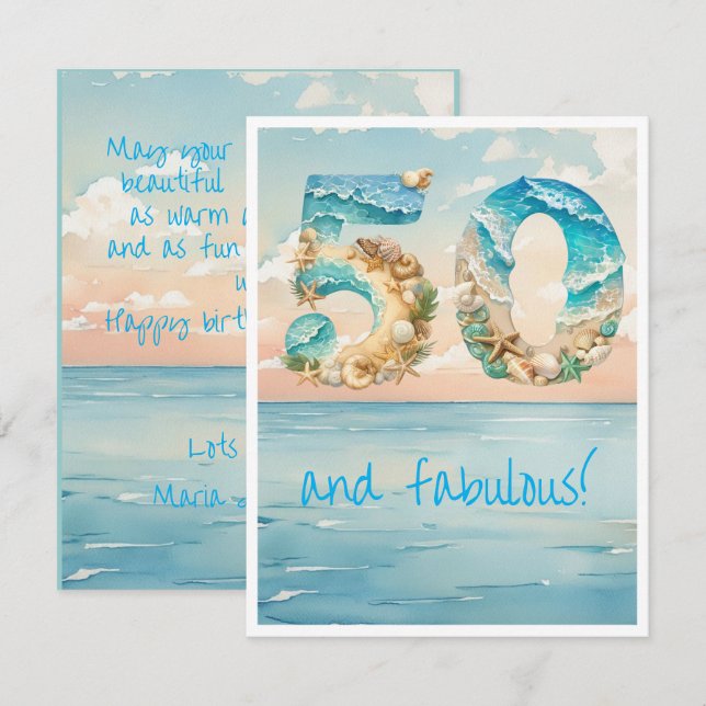 Carte d'anniversaire de plage pour 50 ans (Devant / Derrière)