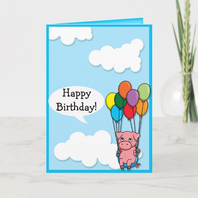 Carte d'anniversaire de porc de ballon de vol (Devant)