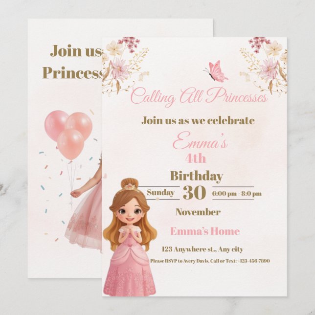 Carte d'anniversaire de princesse enchantée pour f (Devant / Derrière)