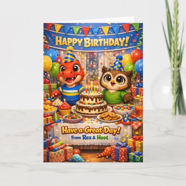 Carte d'anniversaire de Rex et Hoot (Devant)